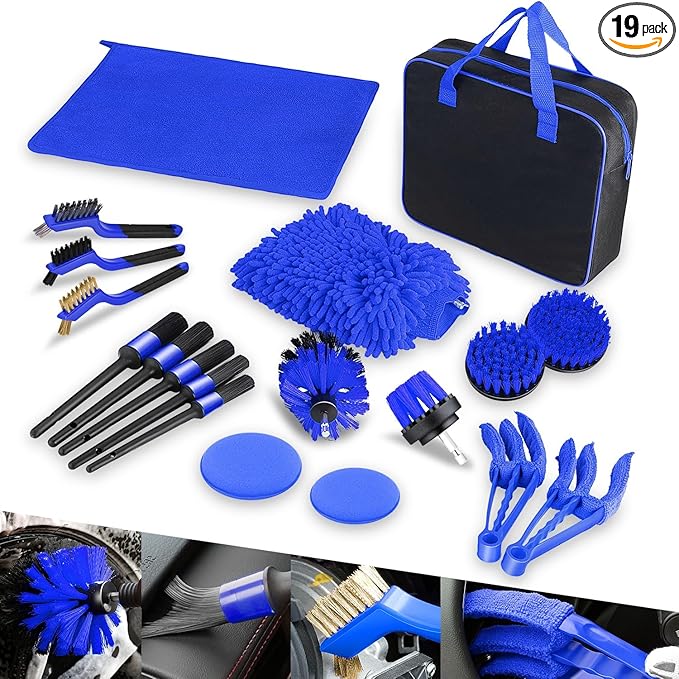 Auto Dynasty Car Detailing Kit, 19PCS Car Detailing Brush Set for Interior Exterior Wheels, Professional Car Care Cleaning Wash Kit with Duster for Air Vent, Car Accessories (Blue)