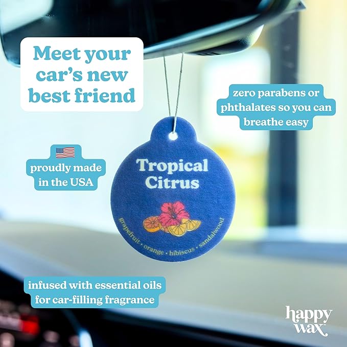 Happy Wax Vanilla Sandalwood Car Charms 4-Pack - Scent Notes: Vanilla, Vetiver, Patchouli and Cedarwood