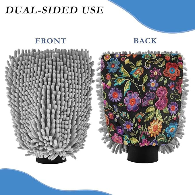 YETTASBIN Mexican Floral 2PCS Car Wash Mitts, Ultra Absorbent Chenille Microfiber Car Washing Gloves, Scratch-Free Lint-Free Auto Cleaning Mitt, Machine Washable Elastic Cuff Car Wash Sponge