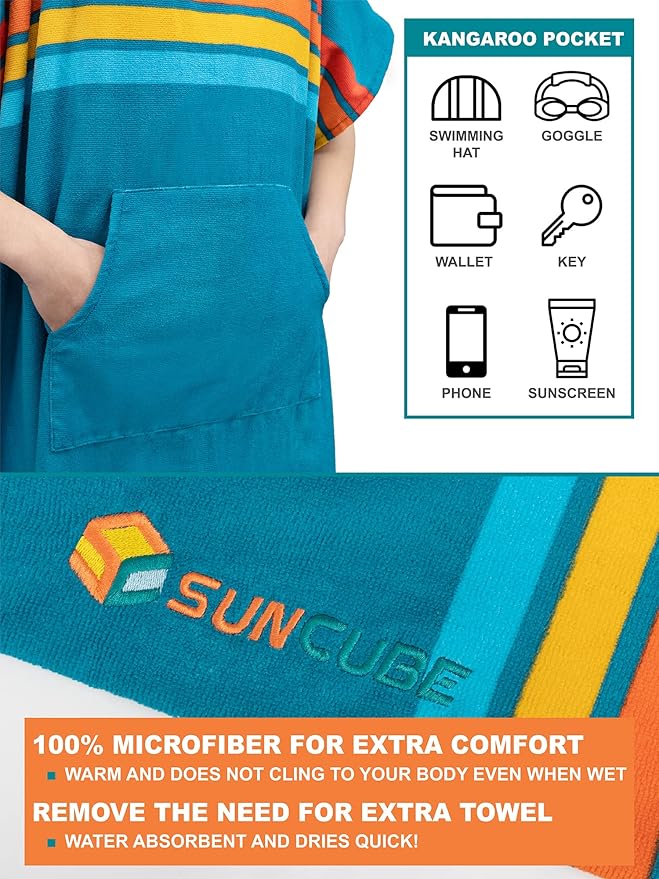 SUN CUBE Surf Poncho Changing Robe with Hood | Absorbent Quick Dry Microfiber Wetsuit Changing Towel with Pocket for Surfing Men Women