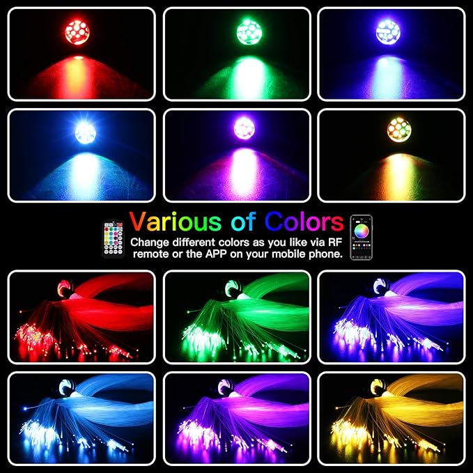AMKI Updated 16W RGBW Fiber Optic Light Twinkle + Sound Activated Mixed 350pcs 0.03in 6.5ft Cables APP Remote Music Control Car Home Starlight Headliner Star Ceiling Light Kit