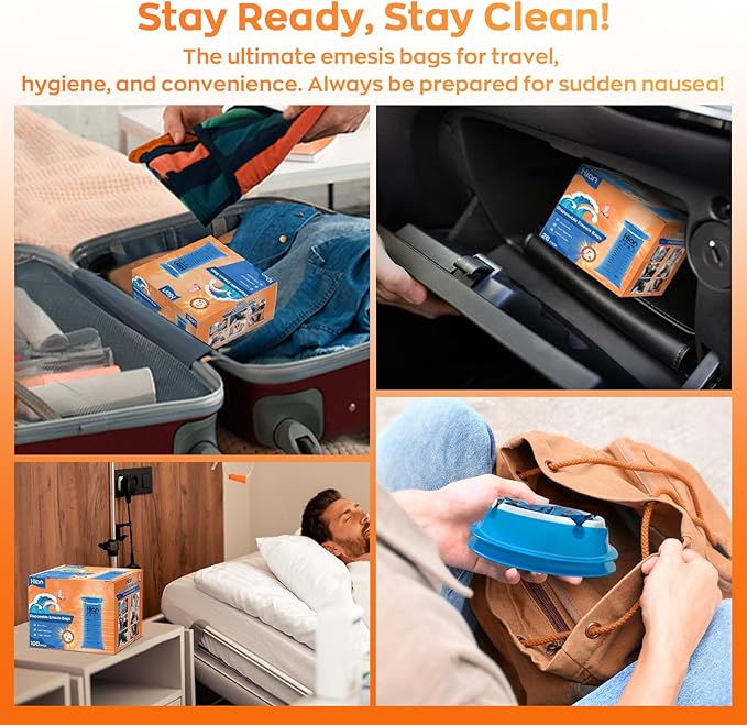 Hion Vomit Bags Disposable – 62 Pack 1000ml Emesis Bags – Leak Resistant, Medical Grade, Portable – Perfect for Motion, Car & Aircraft Sickness, Pregnant Women