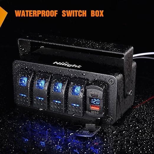 Nilight 4 Gang Rocker Switch Box 12V SPST ON Off PD Type C and QC 3.0 USB Charger Voltmeter Waterproof Aluminum Panel DIY Stickers for Boats Cars RVs Trucks