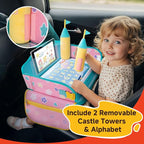 MENZOKE Car Seat Tray with 2 Removable Castle Towers, Carseat Tray for Toddler Girls Gifts Age 4–5, Kids Travel Tray for Kids,Foldable Snack Table with Storage Pockets for Road Trip,Pink & Green
