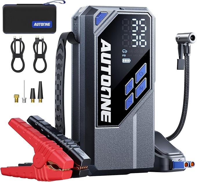 AUTOONE 10000A Jump Starter with Air Compressor, 24000mAh Jump Box with Tire Inflator (All Gas & Diesel) Portable Car Battery Booster Jumper Starter Pack, Jumper Cables, Type C, 60W Charging, Light