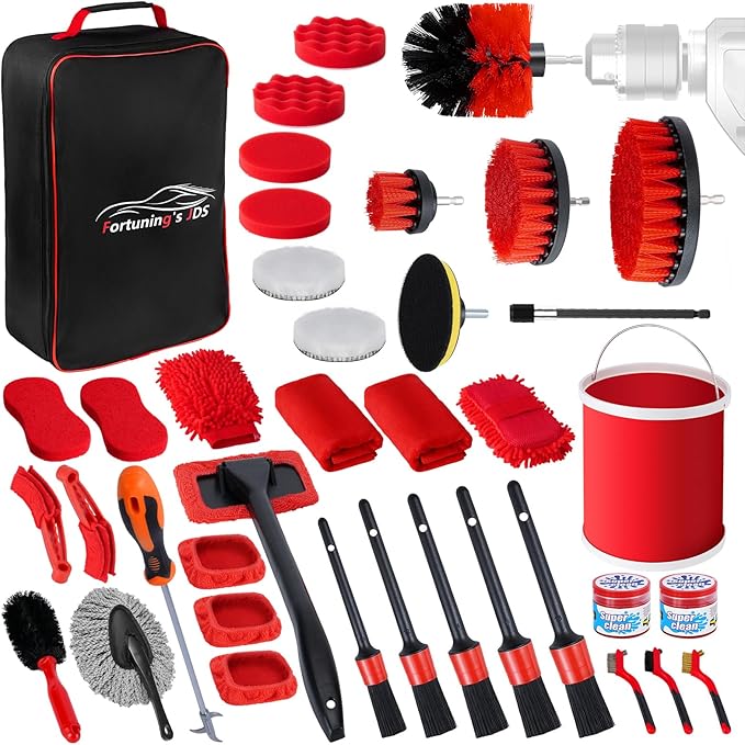 Fortuning's JDS 39PCS Car Wash Cleaning Kit, Auto Detailing Kit, Car Detailing Kit Interior Cleaner, Car Wash Kit with Bucket Detailing Brush Set Car Accessories for Motorcycle, Cars, Bikes, Wheels