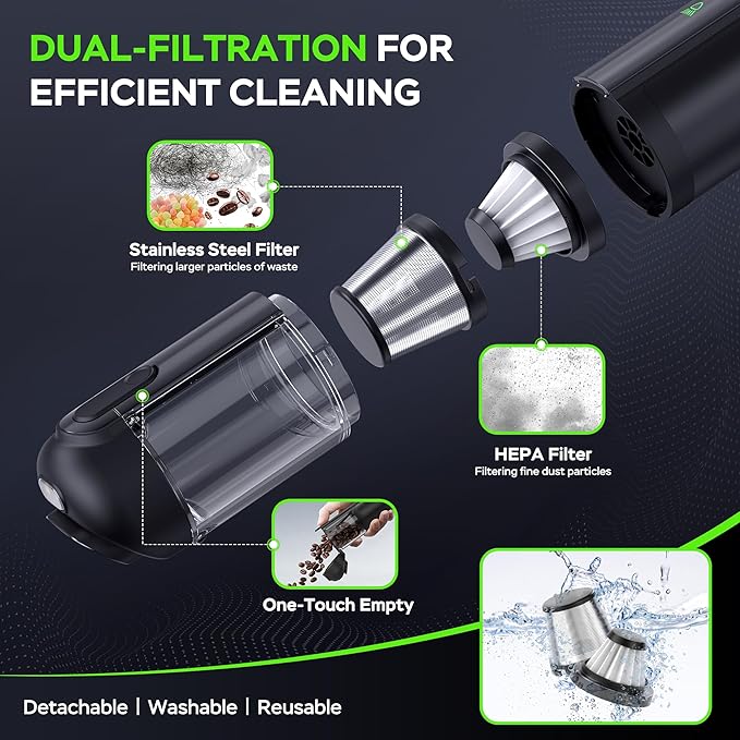 Portable Car Vacuum Cordless, 18000Pa 4-in-1 Suction Power Mini Vacuum Cleaner, 120W Brushless Motor Handheld Vacuum Cordless Rechargeable, 7800mAh Battery, LED Light, Black