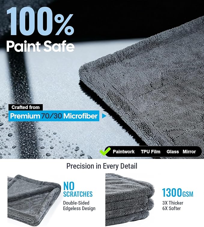 Wigoo Premium Microfiber Car Drying Towel 1300 GSM, 36" x 24" [Ultra-Absorbent, Streak-Free] Dual-Sided Edgeless Cleaning Towels with Twisted Loop, for Auto Detailing, Cars, SUV, Truck (2 Sizes)