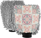 Qilmy Floral Geometric Pattern Microfiber Chenille Car Wash Sponge Scratch Free Car Wash Mitt Absorbent Mitt Sponge for Trucks SUVs Car Washing Home Cleaning, Medium