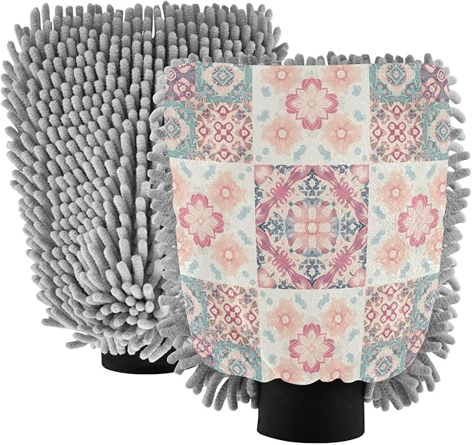 Qilmy Floral Geometric Pattern Microfiber Chenille Car Wash Sponge Scratch Free Car Wash Mitt Absorbent Mitt Sponge for Trucks SUVs Car Washing Home Cleaning, Medium