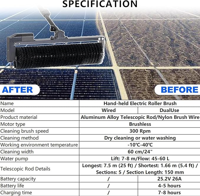 Photovoltaic Panel Cleaning Tool,7.5m Telescopic Pole,60cm Width Electric Solar Pane Roller Brush,Wet/Dry Modes,for Facility Maintenance Teams Wired(7.5m)