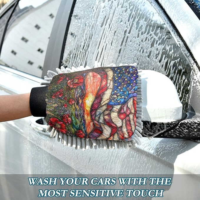 YETTASBIN American Flag 2PCS Car Wash Mitts, Ultra Absorbent Chenille Microfiber Car Washing Gloves, Scratch-Free Lint-Free Auto Cleaning Mitt, Machine Washable Elastic Cuff Car Wash Sponge