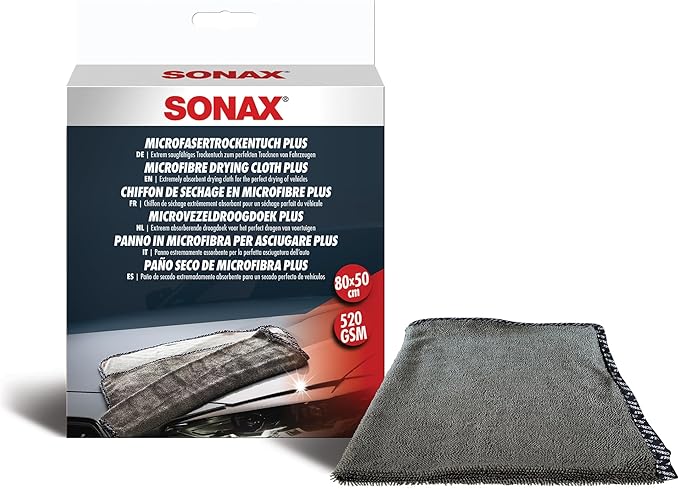 SONAX Microfiber Drying Towel Plus | Ultra-Absorbent Twisted Loop Microfiber Car Drying Towel | Streak-Free & Scratch-Safe | Large 30"x20" Soft Drying Cloth | Machine Washable & Long-Lasting | 451200