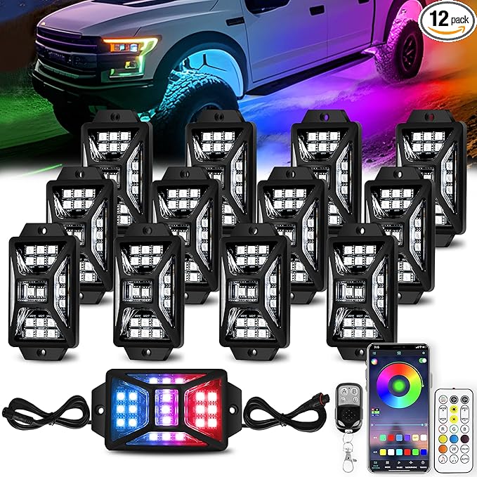 12 Pods 252 LEDs 5 Sides RGB Rock Lights, App/2 Remote Control Rock Lights for Trucks, Waterproof Multi-Color Bright Underglow Kits,Music Mode,Compatible with 12V Jeep UTV SUV ATV Golf RZR(Patented)