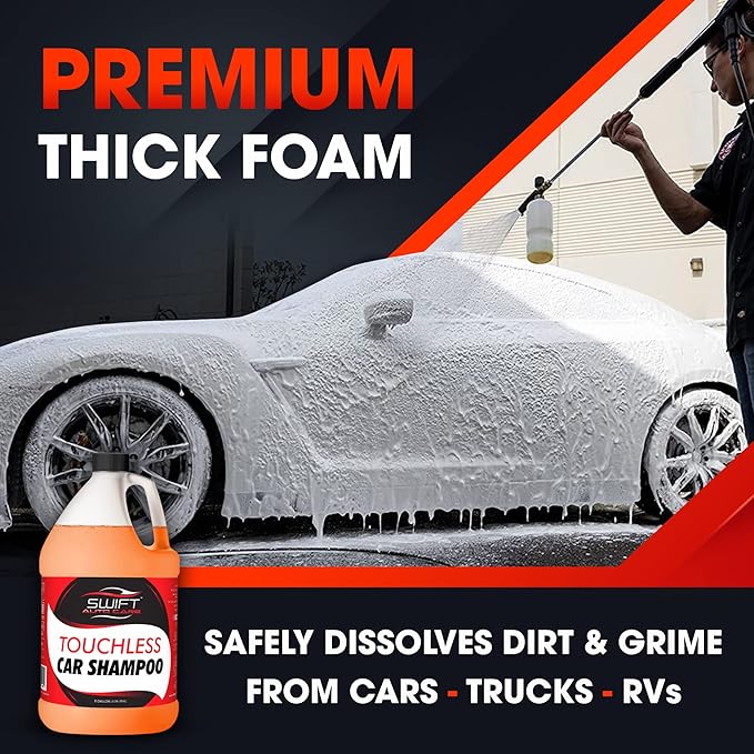 Swift Touchless Car Wash Shampoo (4 Gallon) - No Brushing Required, High Foaming Car Soap, Heavy Duty, Auto Detergent for Foam Cannon, Works on Cars, Trucks, RVs, Motorcycles, Upholstery & More!