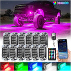 12Pods Full Angle RGB LED Rock Lights Kit for Trucks Pickup Jeep UTV ATV SXS Off-Road, 360Chip Waterproof Multicolor Underglow Light with APP/RF Remote, Pre Wired 12V Underbody Accent Light Dual Zone