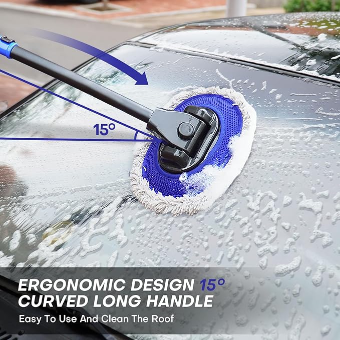 Ultimate Car Wash Brush with Long Handle | 15-Degree Curved Pole Design | Microfiber Brush Head | Adjustable Length | Wide Applications for Car, RV, Truck, Pickup | Car Wash Kit (Blue)