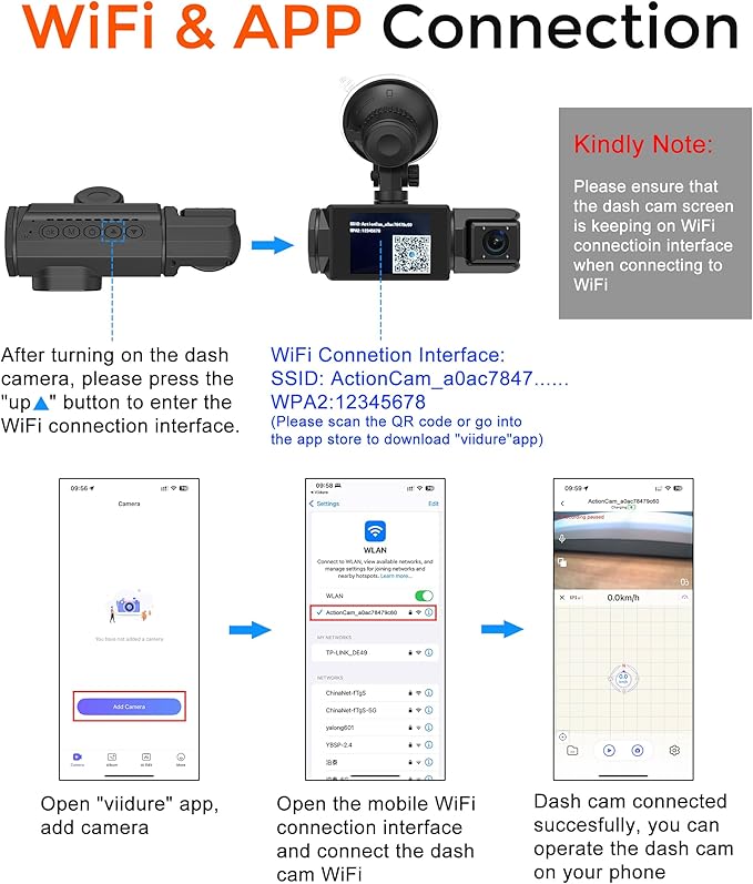 Dash Cam for Cars, 1080P Full HD Dual Dash Cam Front Inside, WiFi, 2" Screen, Night Vision, G-Sensor, Loop Recording, 170° Wide Angle, APP Control (Dual Dashcam)