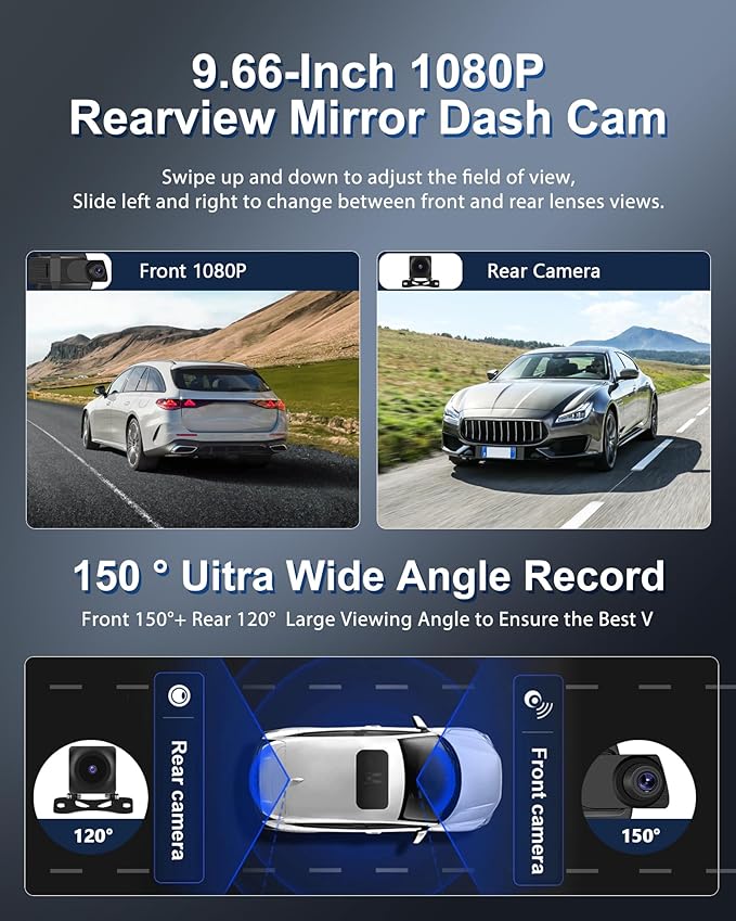 2025 9.66" 1080P Rear View Mirror Camera Front and Rear Dash Cam for Cars & Trucks - G-Sensor, Reverse Assist, GPS Tracking, WDR & HDR Night Vision, 64GB Card