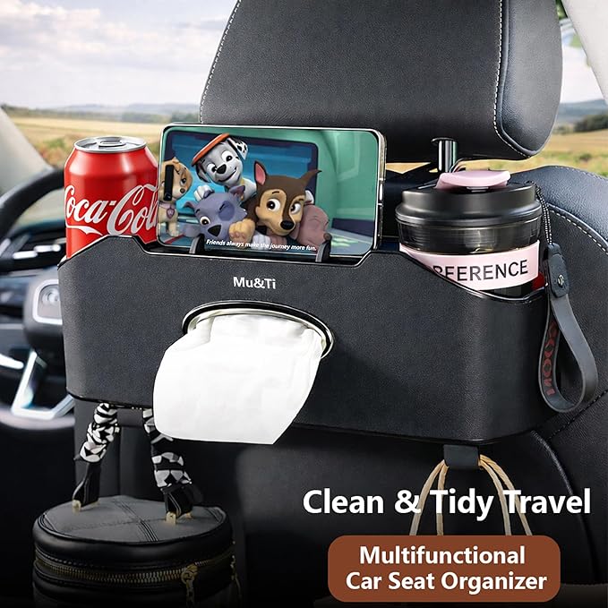 Mu&Ti Back Seat Car Organizer,4+2 in 1 Multifunctional Car Back Seat Storage Box with 2 Cup Holders, Tissue Box and Hook - Ideal for Kids and Travel(Black)