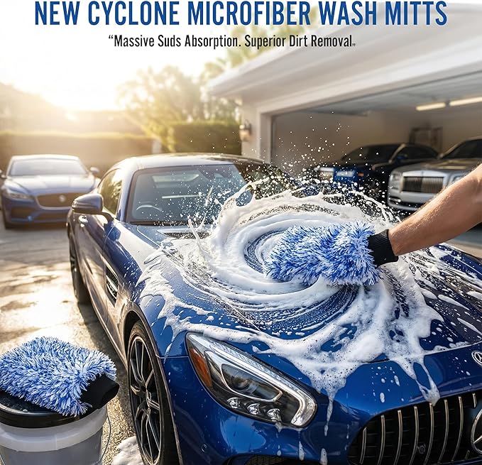 TAKAVU New Car Wash Mitt, 2 Pack Premium Cyclone Microfiber Washing Gloves, Holds Tons of Sudsy Water for Effective Washing, Machine Washable, Lint Free, Scratch Free (Blue)
