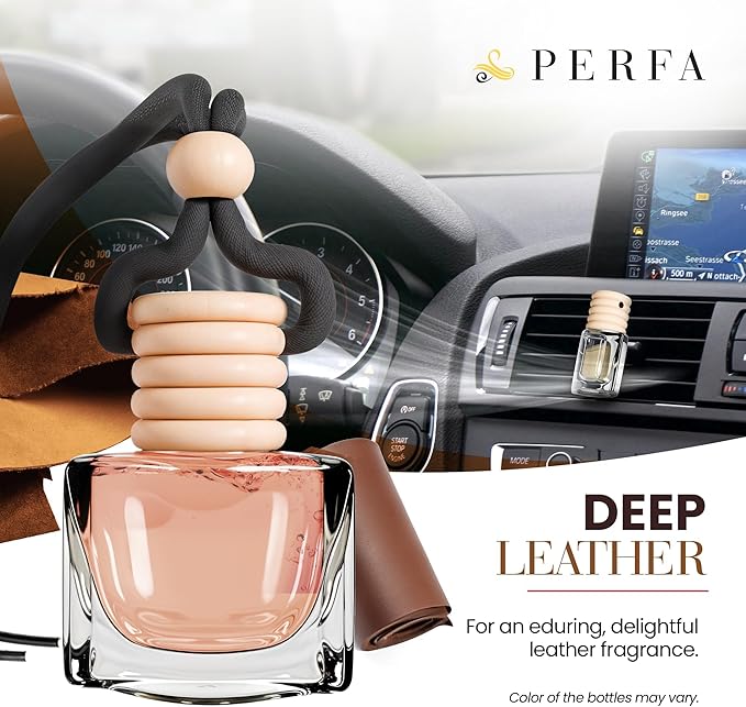 Leather Musk Car Air Freshener | Hanging Car Freshener with Vent Clip | New Car Fragrance, Slow-Release Aroma Technology, Adjustable Scent Intensity | Premium Interior Accessories by Perfa