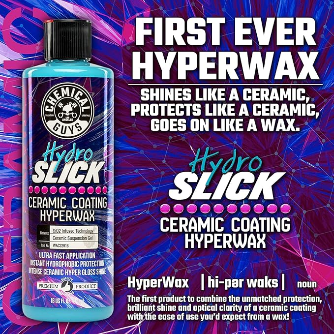 Chemical Guys WAC22916 HydroSlick SiO2 Ceramic Coating HyperWaxwith Chemical Guys MIC_506_03 Professional Grade Premium Microfiber Towels, Gold 16" x 16", Pack of 3