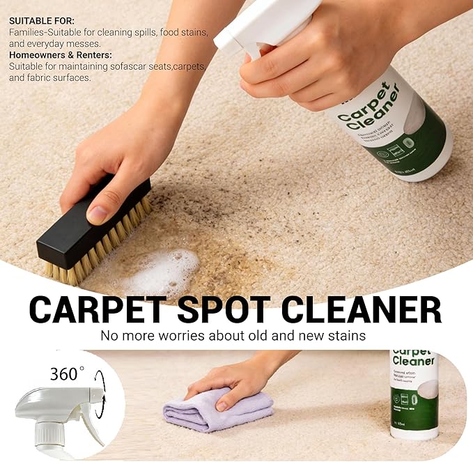 Carpet & Upholstery Cleaner 5-Piece Set, Fast Action Stain Remover for Furniture, Fabric, Sofa, Car Seats & Clothes - Includes Brush and Towel - Safe for Kids and Pets, Includes Brush & Towel