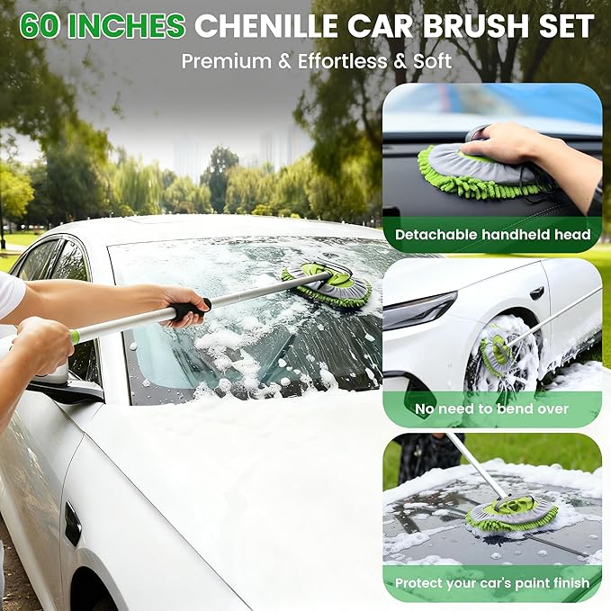 Car Wash Brush with Long Handle, 60'' Car Wash Mop, 7Pcs Chenille Microfiber Cars Washing Kit with Window Squeegee/Microfiber Towels /Wheel Brush for Cars RV Truck Boat Floor Window, Green