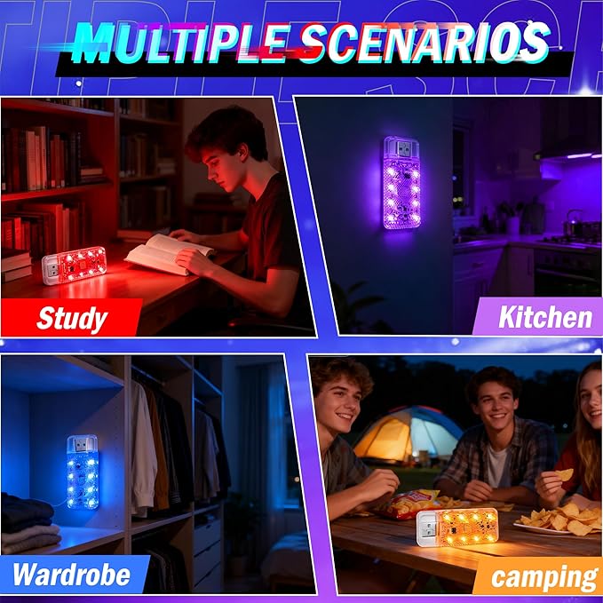 4 PCS Car LED Lights, USB Plug-in Rechargeable 8 High-Brightness LED Beads, Portable Mini Touch Control Dimmable Night Light for Car/Bedroom/Party/Holiday Decoration (2 Green & 2 Purple)
