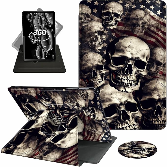 Case for Kindle Scribe,360 Degree Rotating Swivel PU Leather Stand Flip Folio Cover with Auto Wake/Sleep for Amazon Kindle Scribe Cover 10.2 Inch (2024/2022 Release),Skull American Flag