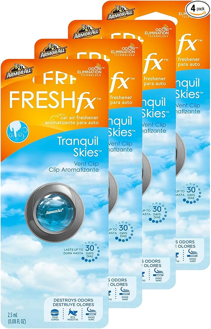 Armor All Car Air Freshener and Purifier - Odor Eliminator for Cars & Truck, Freshfx Tranquil Skies, 0.08 Fl Oz Vent Clip, Pack of 4, 18547-4PK