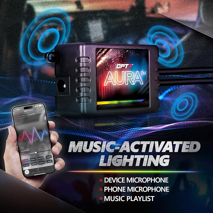 OPT7 Aura Pro 6PC Interior Lights for Truck SUV RV with App & Remote Control, Multicolor Mode, Music Sync Neon Accent Lighting Kit, Under Dash Decor, 12V Car Charger, Single Row LED Strip