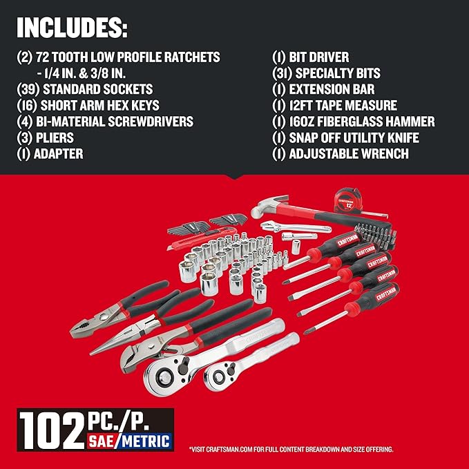 CRAFTSMAN 102-Piece Tool Kit for Home and Car, Durable Hand Tools Set with SAE and Metric Socket Set, Screwdrivers, Wrench, Hammer, Pliers, Knife, Hex Keys, Specialty Bits, Tape Measure (CMMT99449)