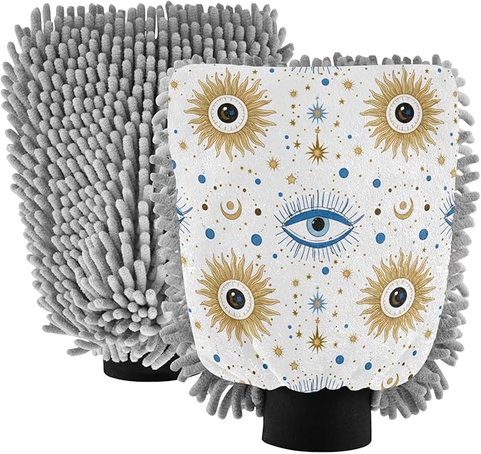 Qilmy Stylized Eye Pattern Microfiber Chenille Car Wash Sponge Scratch Free Car Wash Mitt Absorbent Mitt Sponge for Trucks SUVs Car Washing Home Cleaning, Medium