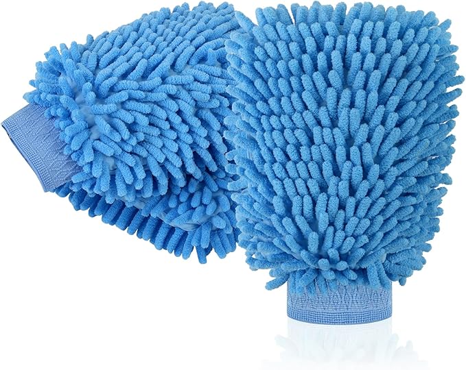 3 Pack Chenille Microfiber Car Wash Mitt, 7" x 9.6" Car Washing Mitts, Home Dusting Gloves, Scratch Free Lint-Free, Highly Absorbent, Double Sided, for Cleaning Detailing Polish (Blue)