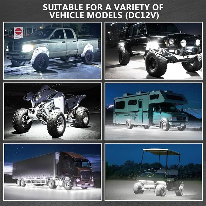12 Pods Pure White LED Rock Lights, IP68 Waterproof Aluminum 6500K Bright White Underglow Light with Extension Cord Harness,12V Metal Fender Lights for Jeeps Trucks Off Road UTV ATV Car Golf RV Etc