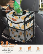 Pritent Car Trash Can with Lid, Cute Leakproof Car Trash Garbage Bag Hanging Vehicle Trash Bin Small Portable Automotive Garbage Cans Organizer for Back/Front Seat/Console(2.8 gal,Pineapple Print