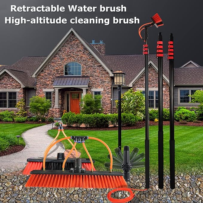 Window Cleaning Pole Kit, Window Cleaning Brush with Extended Handle and Water Hose Solar Panel Cleaning Kit with Extension Pole High Window Cleaning Telescoping Pole,29FT/9M