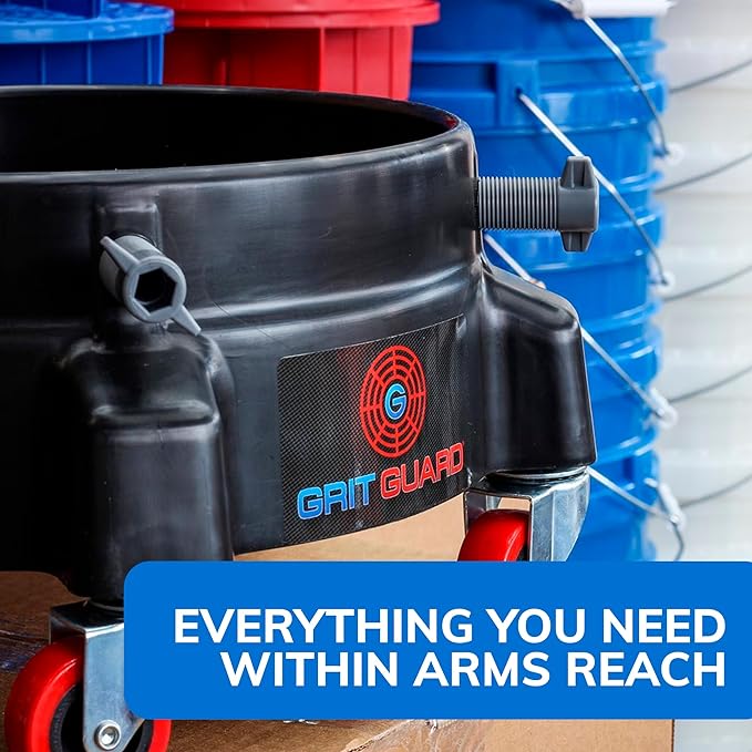 Grit Guard Bucket Dolly with Wheels - Rolling Detailing Wash Bucket with 5 Wheels and 2 Locking Casters Compatible with 2.5, 4, 5 and 6 Gallon Buckets (Blue, 3" Red Casters)