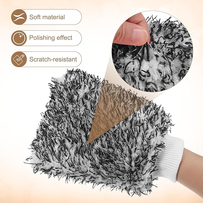 HARFINGTON 2pcs Chenille Microfiber Car Wash Mitts 10.2" x 6.7" Scratch Free Wash Gloves Absorbent Double Sided Plush Cleaning Drying Mitts for Car Washing Home, Gray