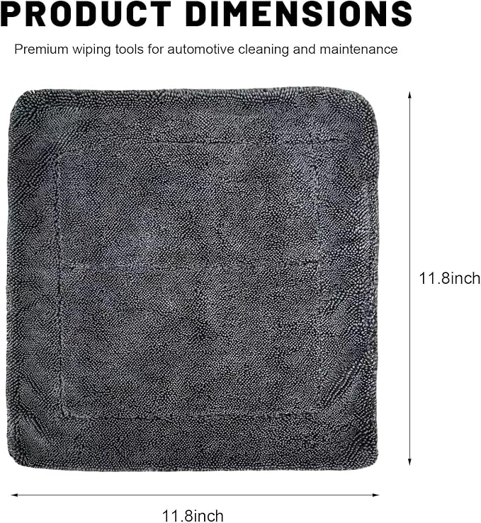 Car Microfiber Towels, 11.8" × 11.8" Ultra Absorbent Drying Towel Twisted-Loop Detailing Cloth, 1200GSM Thick Cleaning Cloth Scratch-Free Quick Dry Towel for Car Truck SUV
