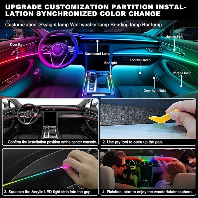 Dreamcolor Acrylic Interior Car LED Strip Light with Wireless APP, RGB 18 in 1 with 175 inches 600 LEDs Fiber Optic Car Ambient Lighting Kits, Dual Zone Sound Active Function LED Strip for Car