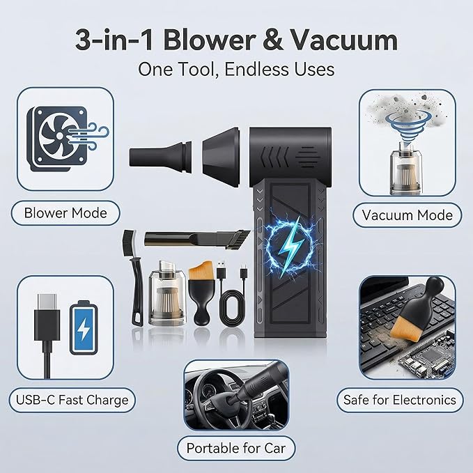 Compressed Air Duster & Handheld Vacuum, 100,000 RPM Electric Air Duster, 3-Speed Cordless Keyboard Cleaner, Rechargeable Mini Air Blower for PC, Computer, Camera and Car Detailing(Black)