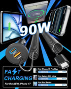 iPhone 17e 17 16 15 Pro Max Car Charger Fast Charging, 3-Port 90W Fast USB C Car Charger Adapter Cigarette Lighter with 4FT Coiled USB C Cable for iPhone 17e/17/17 Pro Max/Air/16/15 Pro/Plus, iPad