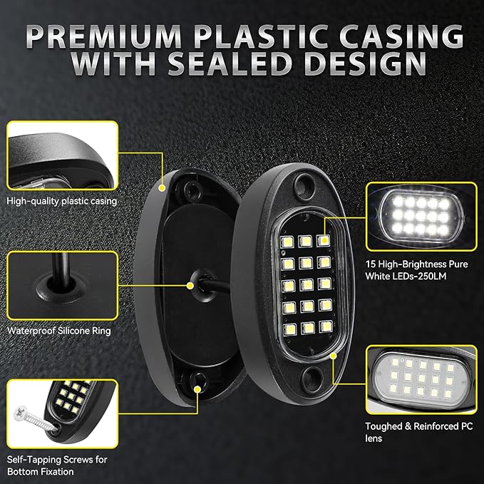 16 Pods Pure White LED Rock Lights with Extension Wires, IP67 Waterproof 6500K Super Bright White Underglow Kit for Semi Truck Sedans Trailer Offroad Pickup RV Underbody Under Car Lighting