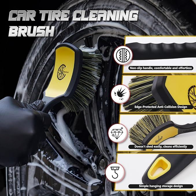 BMLEI Wheel & Tire Brush Set, 2 Pack Car Wheel Brush & Tire Cleaner Brushes, Soft Bristle Rim Brush and Stiff Tire Scrub Brush, Scratch-Free Wheel Cleaning Kit for Car Detailing, Trucks, SUVs