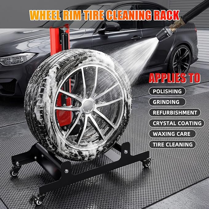 Rolling Wheel Detailing Stand with 4 Casters, Car Wheel Cleaning Stand, Heavy-Duty Tire Cleaning Stand 3-Way Rotating Rollers for Ceramic Coating Tire Shine