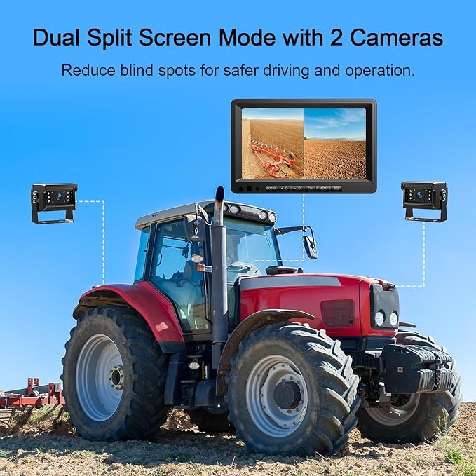Fookoo 7" AHD 1080P Wired Backup Dual Camera System, Waterproof Vibration-Proof Rear View Cameras IR Night Vision for Tractor/Excavator/Harvester/Bulldozer/Crop Sprayer/Agricultural Equipment - DY702