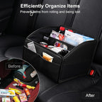Car Storage Organizer [2025 UPDATED] Leather Car Caddy Basket for Front Seat Floor Back Seats Metal Handle 6 Compartments Adjustable Strap Buckles Slip-Resistant (Black)
